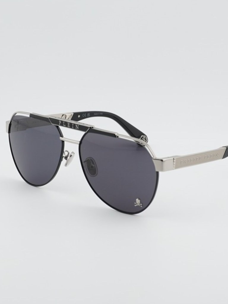 Philipp Plein Spp073m 0583 Sunglasses Palladium Aviator Frame, Smoke Lenses